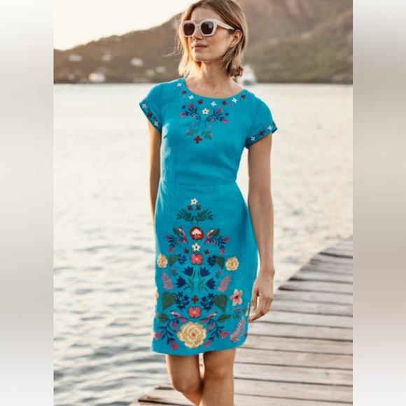 🛑SOLD BODEN Laura Linen Embroidered Dress in Blue Lagoon Size 14 - Picture 2 of 10